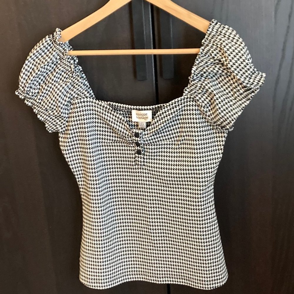 Unique Vintage Black & White Houndstooth Sweetheart Loretta Top, Size L/10-12